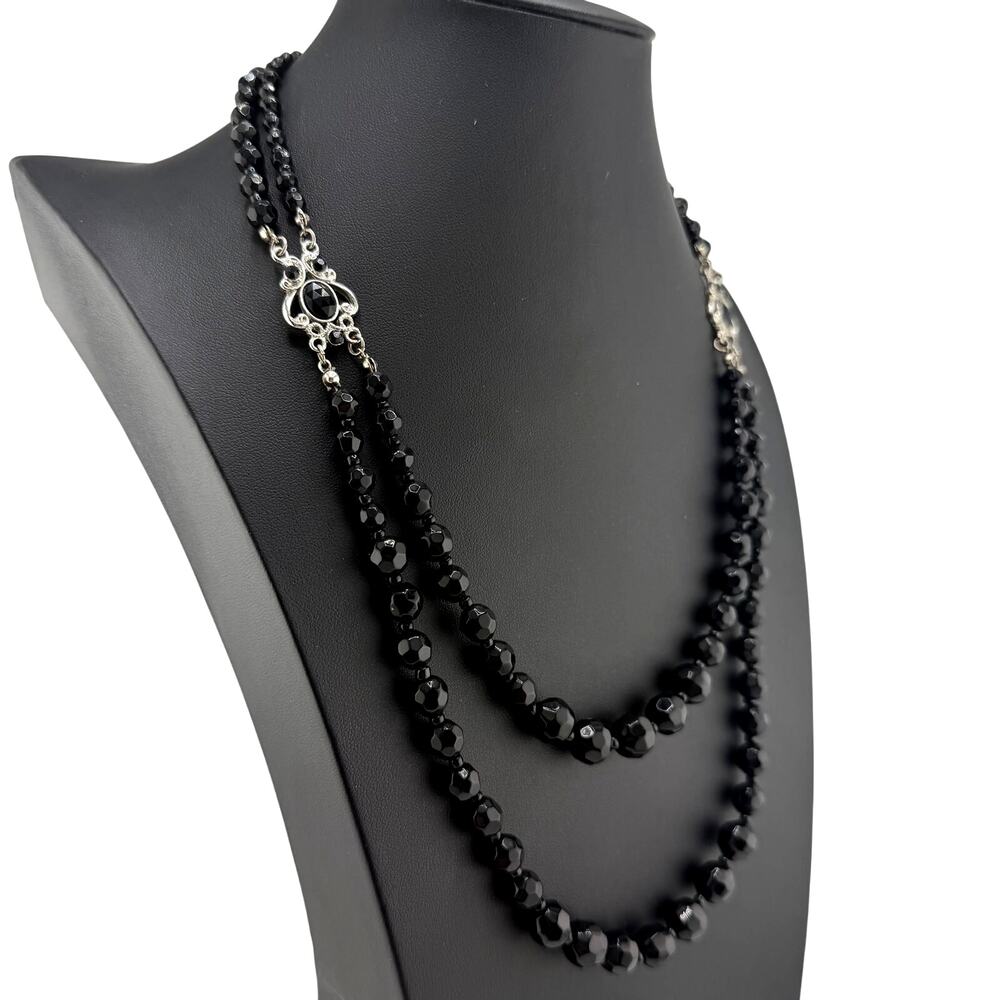 Vintage Style Victorian Inspired Black Glass Beads Double Strand 22" Necklace